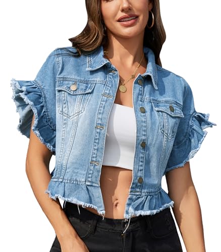 MISS MOLY Women's Denim Jacket Ruffle Sleeve Button Down Distressed