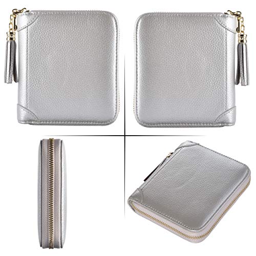 Easyoulife Womens Credit Card Holder Wallet Zip Leather Card Case RFID Blocking (Silver)