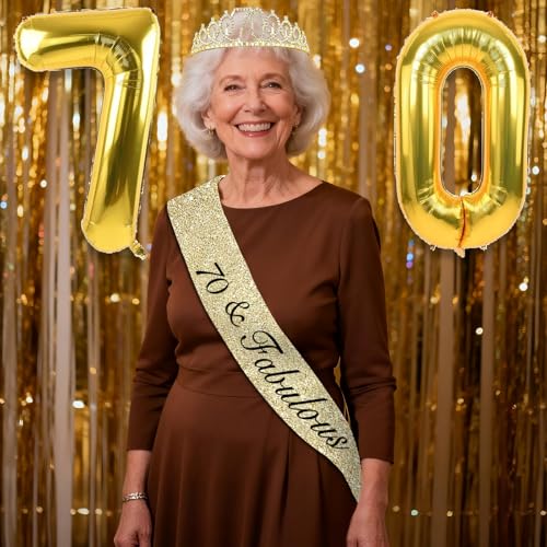 70th Birthday Decorations for Women with 70th Birthday Sash and Crown, Number Balloons, Birthday Card, Cake Topper and Candles, 70 Year Old Female Gifts for Her, Gold by Awfrky - Image 2