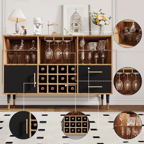 Image of 47 inch Bar Cabinet with LED Lights & Charging Station, Freestanding Liquor Cabinet with for Living Room, Decorative Kitchen and Living Room Compact Wine Bottle Storage for Living Room, Brown