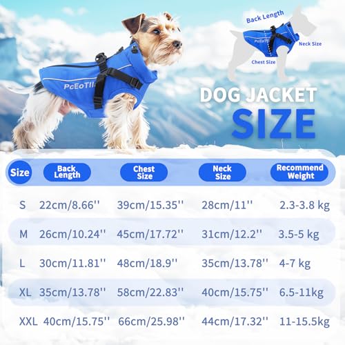 PcEoTllar Hundejacken Wasserdicht für Winter, Reflektierend Hundemantel mit Geschirr für Kleine Hunde, Welpe Warme Jacke Hundepullover, Hundejacke Winddichtes für Kaltes Wetter, Blau-M