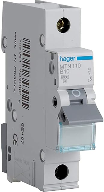 Hager MTN110 Miniature Circuit Breaker, 1 Pole, 1 Module, Type B, 6 kA Breaking Capacity, 10 A Current