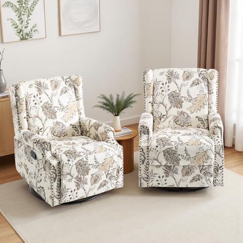 Image of Swivel Rocker Recliner Chairs Set of 2, 360 Swivel Wingback Recliner Chairs for Adults, Upholstered Printed Fabric Glider Rocking Chair with High Back, Deep Seat for Living Romm Bedroom, Plants Beige