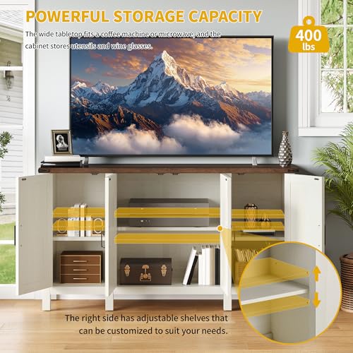 DWVO 59'' Sideboard Buffet Cabinet, Farmhouse Coffee Bar Cabinet with Adjustable Shelves for Living Room, Entryway, Rustic White