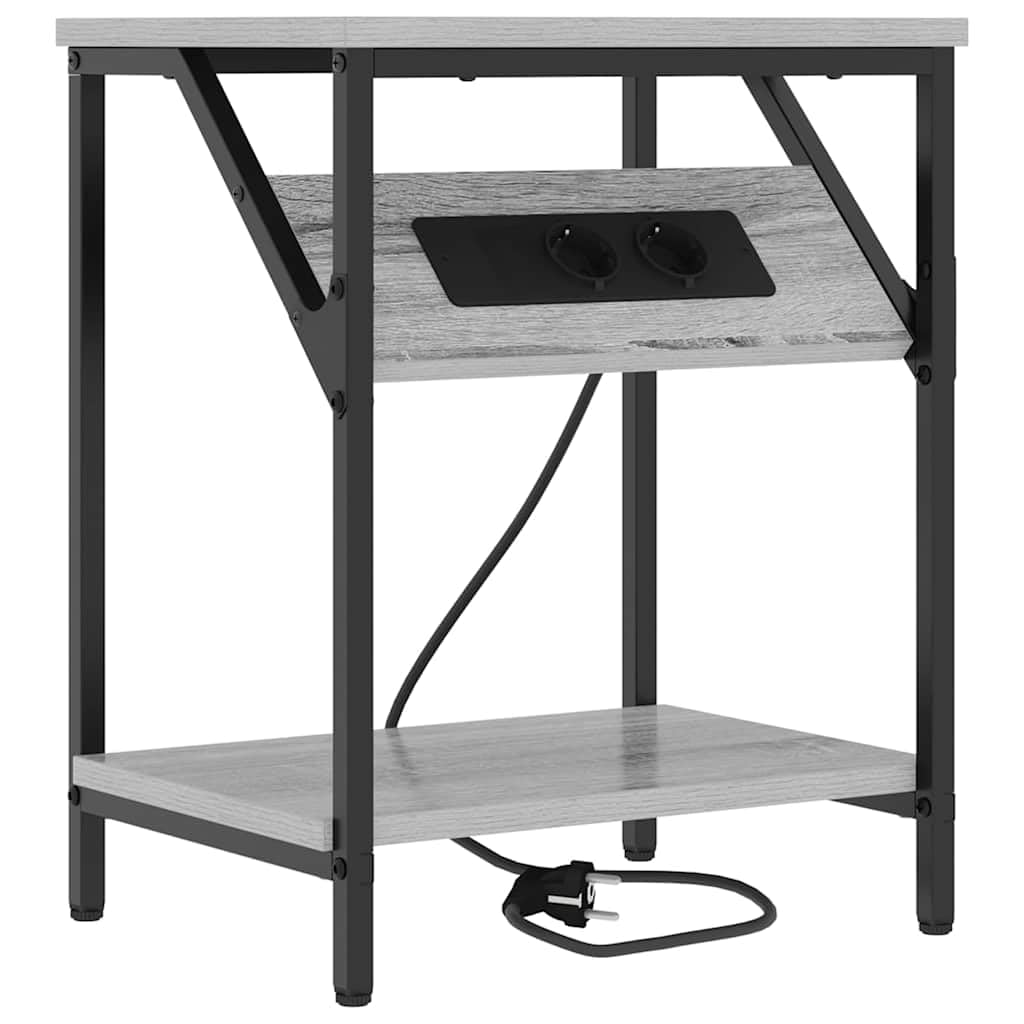 Mesa de Noche Moderna con Estantería Integrada y Fuente de Poder, Diseño Rectangular con Patas de Acero Negro y Superficie de Madera Resistente para Dormitorio Contemporáneo