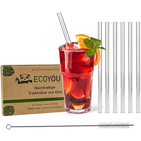 EcoYou Glass Straws Set of 6 + Cleaning Brush & Smoothie Recipes, Transparent, 21.5 cm Cover