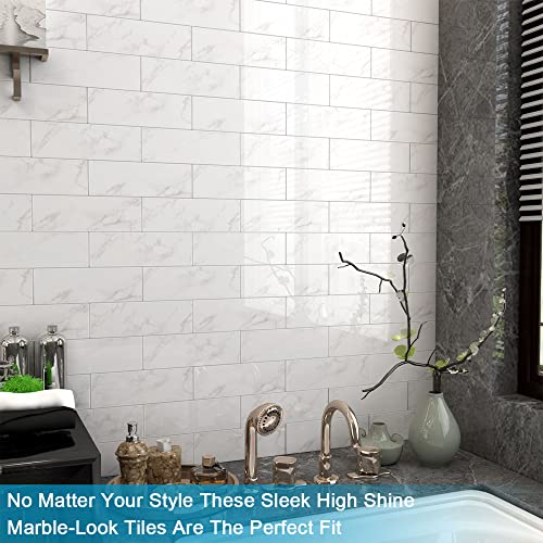 Image of BeNice Peel and Stick Backsplash for Kitchen Tile,Peel and Stick Tiles for Walls Tile Stickers Waterproof Marble Tile Backsplash 3.85 inchx11.73 inch(16Tiles) Carrara White