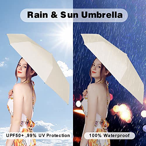Esufeir Mini Travel Sun Umbrella For Purse With Case,Small Compact Uv Umbrella For Sun And Rain,Lightweight & Portable,Windproof Parasol Umbrella With 99% Uv Protection For Women Men Kids (Beige) #TOP1