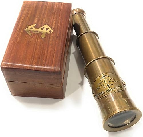 6" Handheld Brass Telescope with Wooden Box - Pirate Navigation (Victorian Marine Telescope - Brown Antique) | Collectible Gift, Perfect for Christmas & Holiday Gifting
