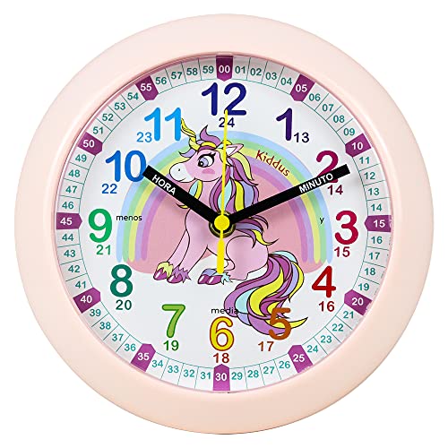 Kiddus Horloge Murale Éducative pour Enfants, Garçon, Fille. Time Teacher Analogique avec Exercices. Facile d’Apprendre à Lire l’Heure. Mécanisme en Quartz Silencieux. Español Unicornio