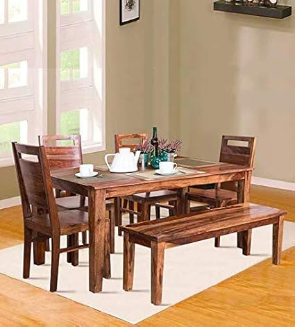 Deluxe Furniture Wooden 6 Seater Dining Table Set | 4 Chair & 1 Bench for Living Room & Dinning Room | Sheesham Wood, Dark Brown