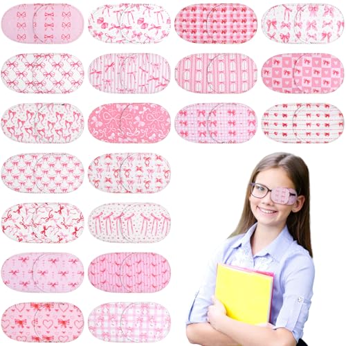 Kingdder 20 Pcs Pink Eye Patch for Kids, Eyepatch for Glasses, Left Right Eye Patch, Reusable Adjustable, Pink Style Bow for Girls
