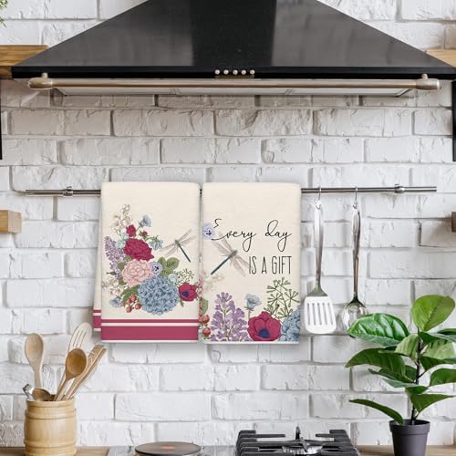 Image of Summer Vintage Floral Kitchen Towels, Dragonflies Dish Towels Set of 2, Spring Retro Hydrangeas 18 x 26 Inch Hand Towel Quick Drying Dishcloth Decor for Kitchen Bathroom Home