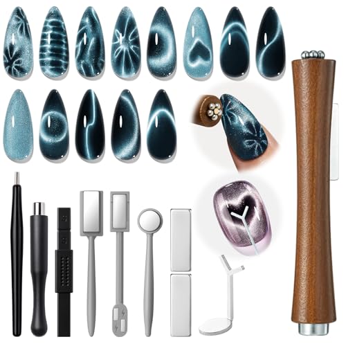 modelones Cat Eye Magnet Set Heart French Cateye Gel Polish Nail Tools Kit Dual-Head 3 IN One Magnets Pen Heart Round Square Flower Glassy Moon Multi Effect Nail Art Designs Home DIY Salon Use