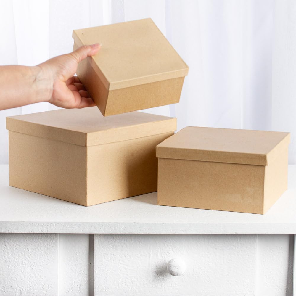 Factory Direct Craft Handcrafted Paper Mache Square Shaped Box Set - 3 Premade Papier Mache Cardboard Nested Square Boxes (1 of Each Size Box) - Ready to Paint and Decorate Craft Project