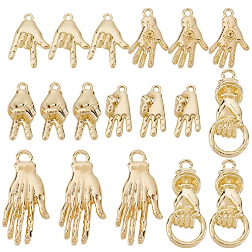 SUNNYCLUE 1 Box 36Pcs 6 Styles Evil Eye Charms Hand Gesture Charm Victory Sign Pendants for Jewelry Making Charms Necklace Earrings Findings Key Chain Supplies Bracelet Accessories 18K Gold Plated