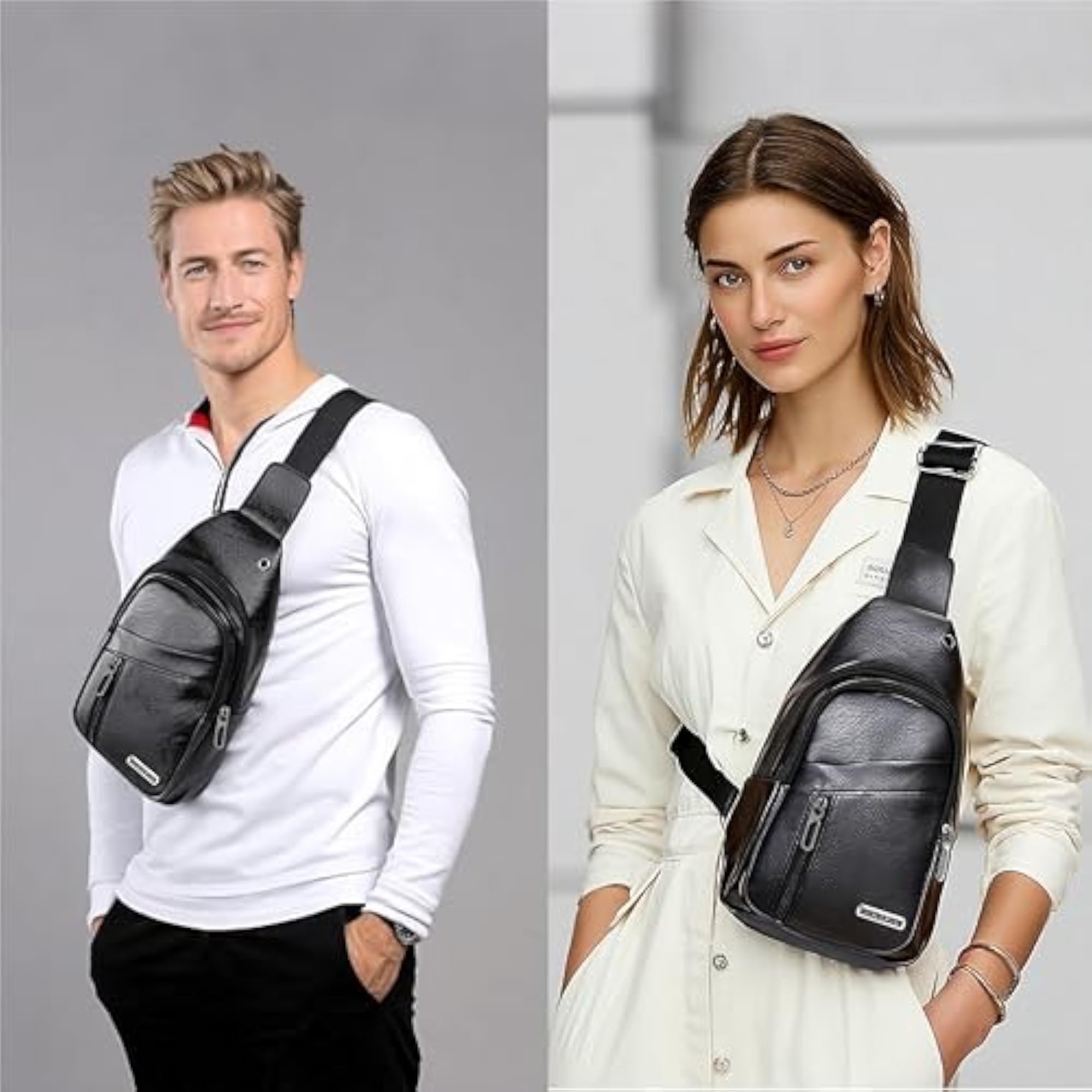 Sling Bag Set, PU Leather Sling Bag, Multi-Zipper Design