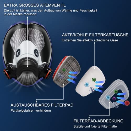 Prassia 16 in 1 Gasmaske Vollgesichtsmaske mit Filter, industrische Staubschutzmaske für sprühen, schleifen, Atemschutzmaske gegen Gase, Dämpfe, Partikel, Lackiermaske für Farbspritz, Graffiti