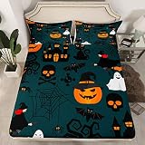 Juego de sábanas de Halloween para niños Jack O Lantern sábana Bajera Ajustable para niños y niñas, Juego de Cama Fantasma de Miedo de Microfibra, Tema de Halloween, Gatos Negros, Funda de Cama para