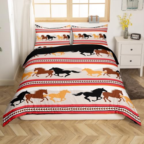 Loussiesd Juego de ropa de cama con diseño de caballo, tamaño doble, funda de edredón bohemia para niños, niñas, adolescentes, color beige, marrón, funda de edredón transpirable, suave y ligera, sin