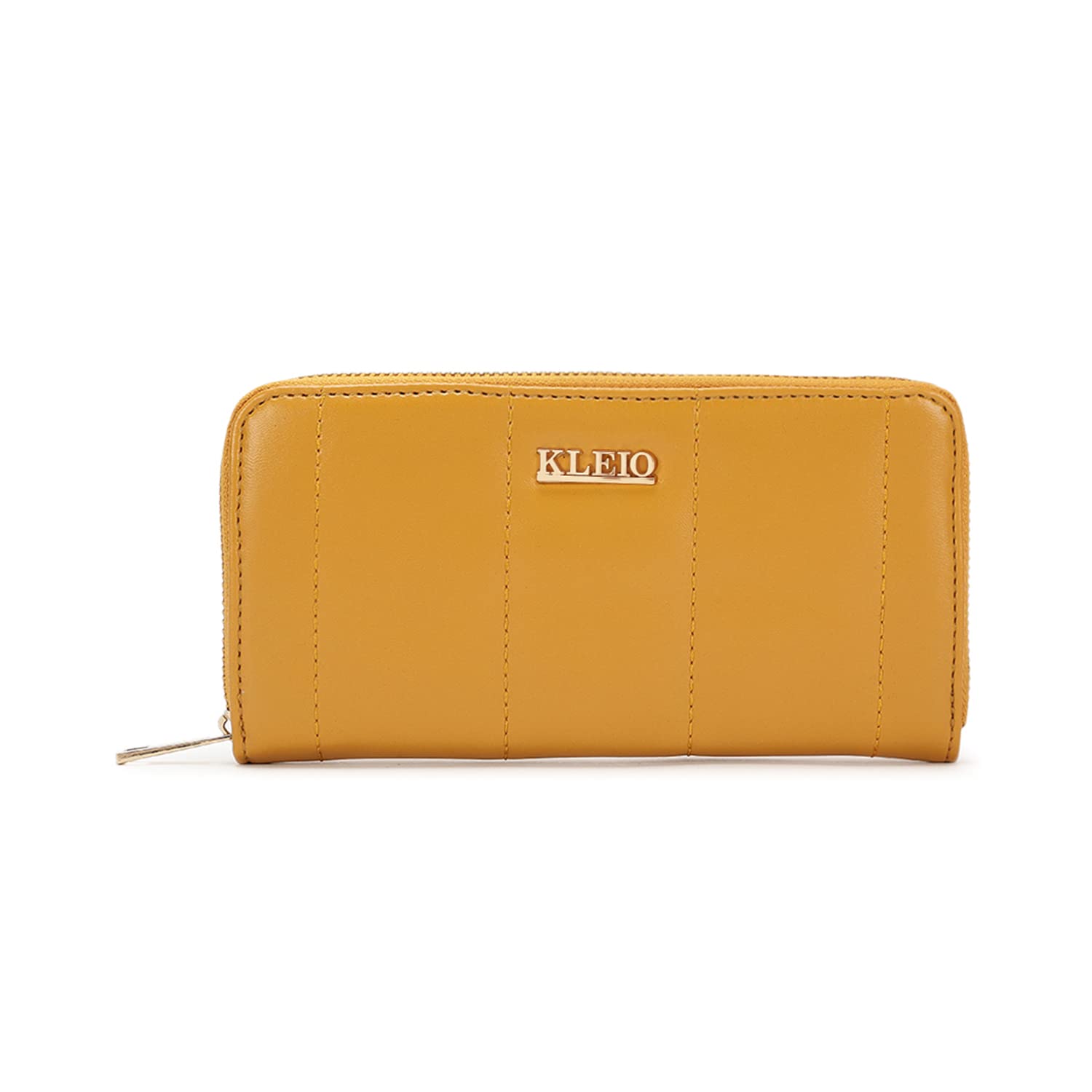 KLEIOQuilted PU Leather Bi Fold Zip Closure Multi Pockets and Slots Clutch Wallet for Women Ladies(HO5020KL-MU)(Mustard)