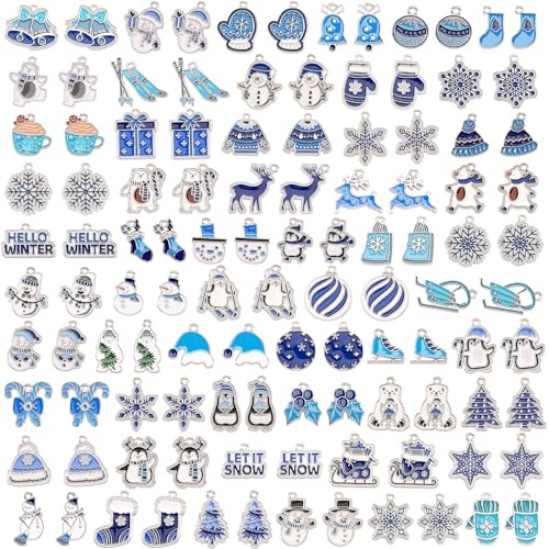 SANNIX 110Pcs/55 Pairs Christmas Winter Charms, Winter Charms for Jewelry Making, Assorted Snowflake Penguin Snowman Polar Bear Gold Enamel Charm Pendants for DIY Bracelet Necklaces Earrings Craft