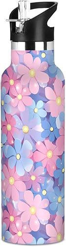 Miniatura 20 de Botella de agua reutilizable con aislamiento de doble pared con diseño de flores para el Día de los Padres, aislada, con tapa de popote, sin BPA, a