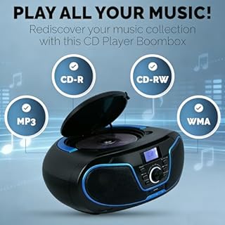 LONPOO Lettore CD Boombox Portatile - Stereo con Radio FM, Ingresso Bluetooth, USB, AUX, Uscita Auricolari, Audio Domestico Compatto, AC o Alimentato a Batteria (LP-D02)