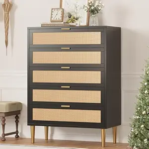 Rattan 5 Drawer Dresser, 44'' Tall Narrow Chest of Drawer, Farmhouse Wooden Storage Cabinet with Metal Legs and Handles, Modern Dresser for Bedroom, Living Room, Black