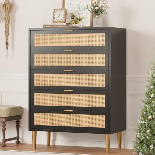 Rattan 5 Drawer Dresser, 44'' Tall Narrow Chest of Drawer, Farmhouse Wooden Storage Cabinet with Metal Legs and Handles, Modern Dresser for Bedroom, Living Room, Black