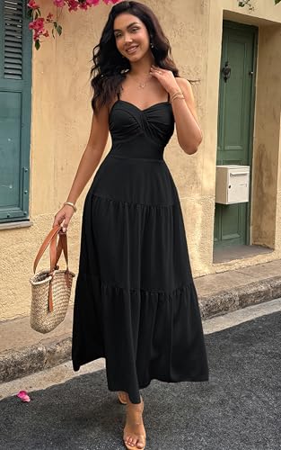 Image of ECOWISH Women's Summer Strapless Maxi Dress 2026 Off Shoulder Hollow Out Smocked A Line Tube Tiered Long Dresses