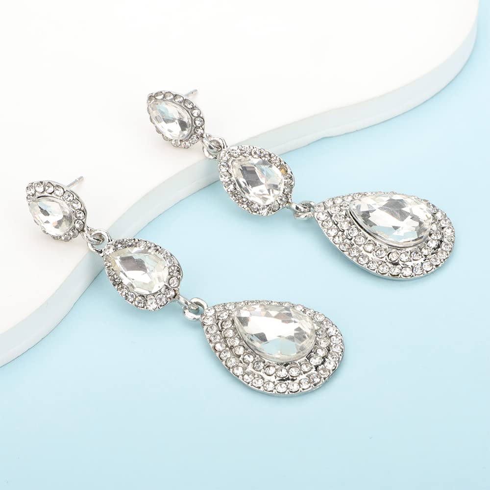 Kercisbeauty Old Fashion Wedding Bridal Teardrop Long Earrings with Crystal for Women Dangle Drop Jewelry Prom Special Occasion Party (Silver) image 5