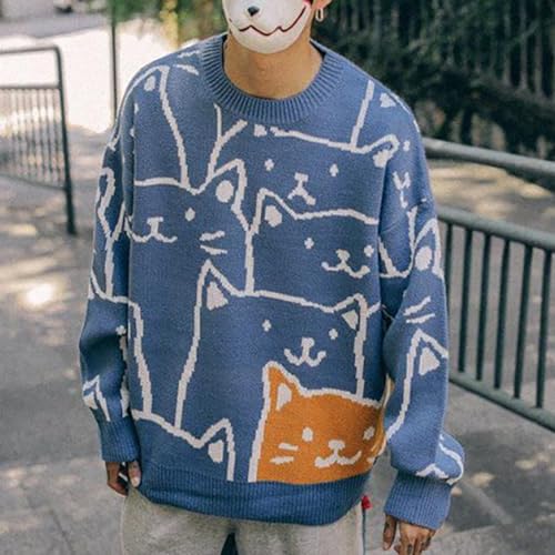 Pullover Men Sweater Men's Cartoon Cat Knitted Japanese Retro Harajuku Tops Oversized Knitwear for Winter Autumn Long3