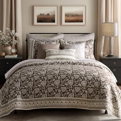 Levtex Home Adare Cocoa Reversible King/Cal King Quilt Set (106x92in) and 2 Pillow Shams (36x20in) - Floral Bedding - Brown Cream - Cotton King Size Quilt Bedding Set - Lightweight Soft Pre-Washed