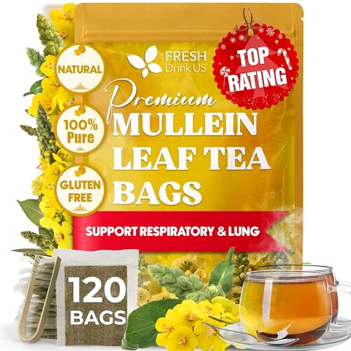Image of FreshDrinkUS, Premium 120 Mullein Leaf Tea Bags For Lung, 100% Natural & Pure from Mullein Leaves. Loose Leaf Mullein Herbal Tea. Made with Natural Material Tea Bags. No Sugar, No Caffeine, No Gluten, Vegan.