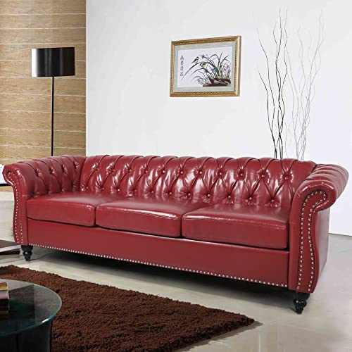 Avzear Leather Sofa 3 Seater Couch, Large Sofa Furniture Roll Arm Classic Tufted Chesterfield Settee Leather Sofa With Channel Tufted Seat Back For Living Room, Claret #TOP3