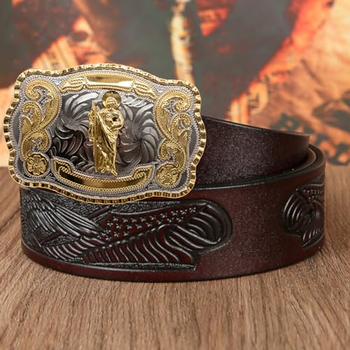 Image of WMG Western St Jude Belt Buckle Gold Silver Saint Jude San Judas Cowboy Buckle Hebilla Vaquero Rodeo