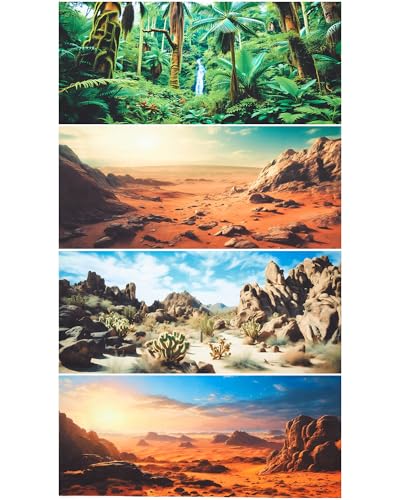 Image of Breling 4 Pcs 30 x 11.8 Inch Reptile Habitat Background with Nano Glue Gobi Sun Cactus Stone and Green Tree Fern Stream Terrarium Background Polyester Durable Aquarium Accessories