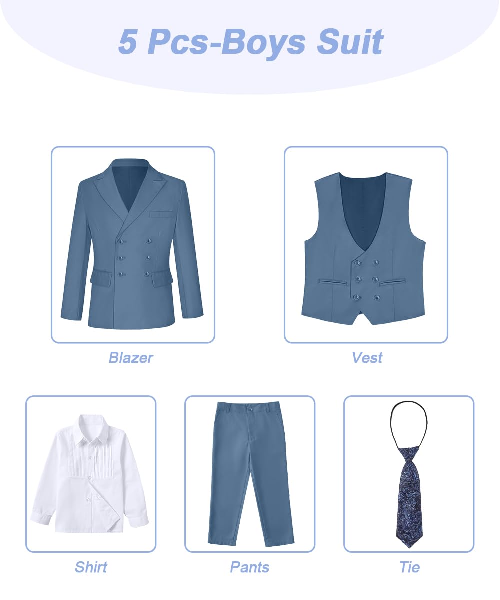 Anzug für Jungen, 5-teilig, Jungenanzüge mit zweireihigem Smoking für Hochzeit, Ringträger, Outfit, Schulkleid, Kleidung