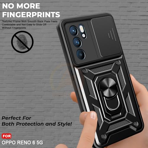 Image of Armor Bumper Back Cover Case for Oppo Reno 6 5G Rotating Camera Cover, Ring Holder & Kickstand | Heavy Duty & 360 Degree Protection Oppo Reno 6 5G Back Cover (Black)