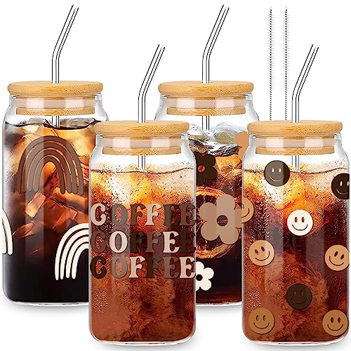 Whaline Drinking Glasses With Bamboo Lids And Glass Straw 4Pcs Set - 16Oz Can Shaped Glass Cup, Beer Glass, Iced Coffee Glass, Cute Tumbler Cup, Ideal For Cocktail, Whiskey, Gift - 2 Cleaning Brushes #TOP22