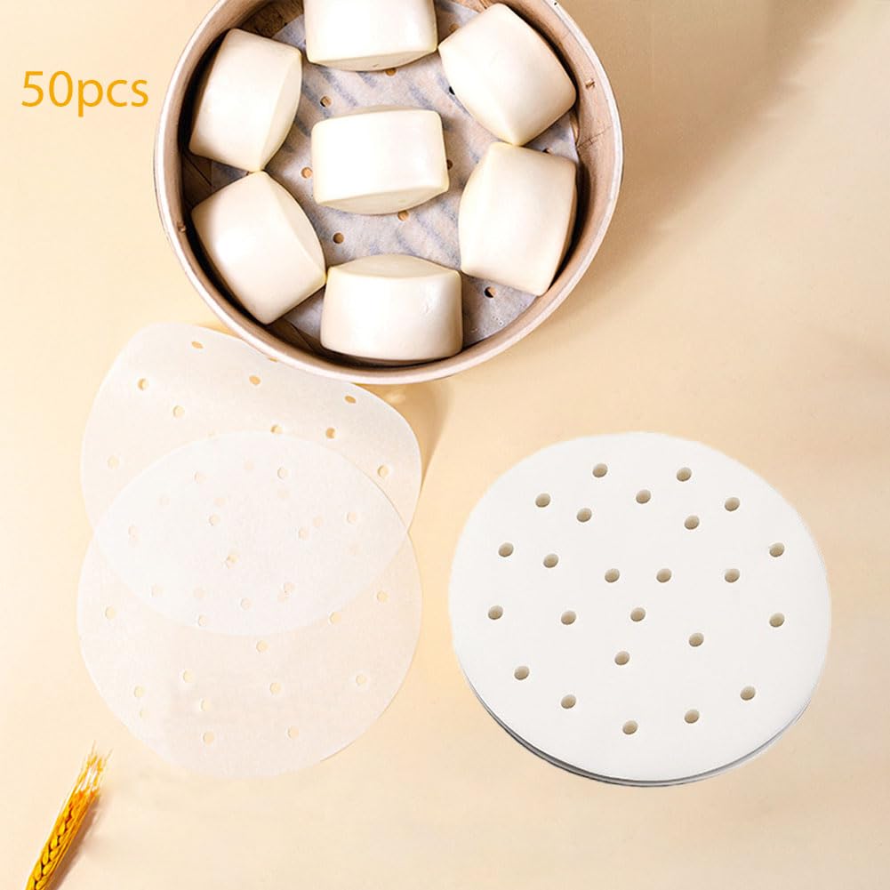 25 cm Backpapier für Heißluftfritteuse, 50 Stück Rund Antihaft Pergament für Dim Sum, Dampfgarer, Bambusdämpfer, Steamer Liner
