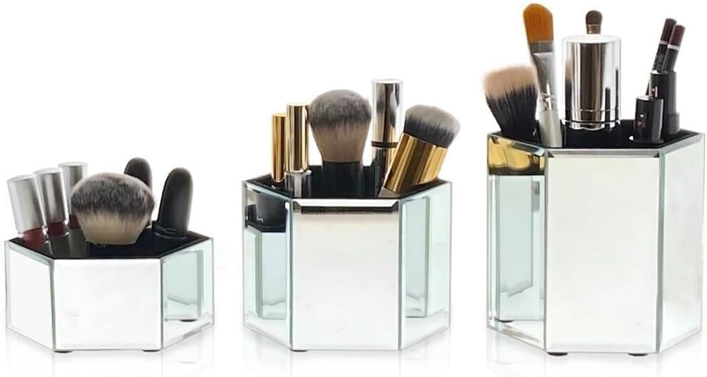 OnDisplay Tressa Set of 3 Hexagon Mirrored Trays for Makeup/Cosmetics, Brushes, Office, Jewelry and Accessories (Silver)