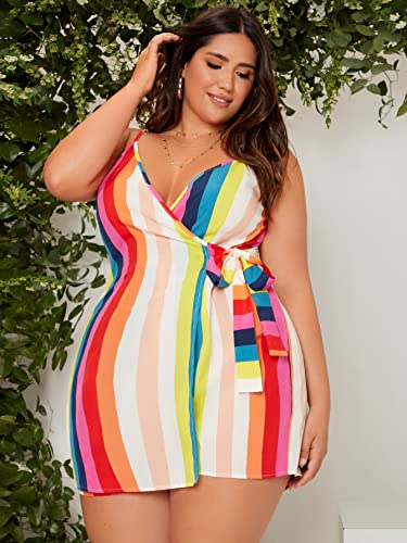 Floerns Women's Plus Rainbow Striped Wrap V Neck Tie Side Cami Romper Jumpsuits Multi 0Xl #TOP3