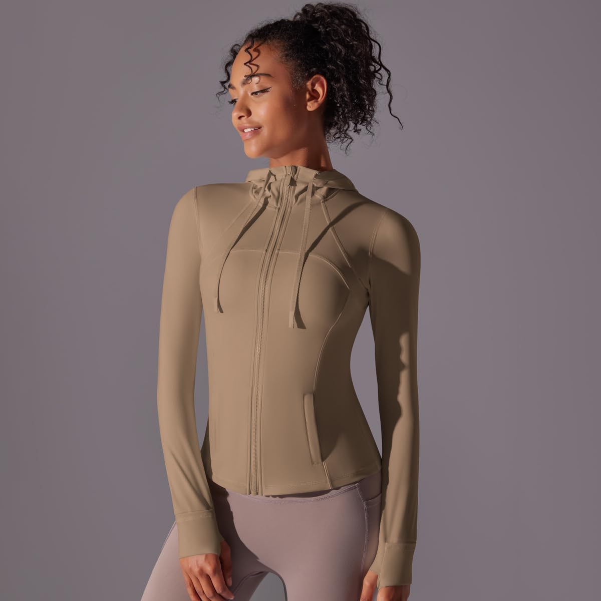 Breathable Womens Hooded Running Jacket Long Sleeve Zipper Pockets Ideal Everyday Yoga Wear Fitness Apparel