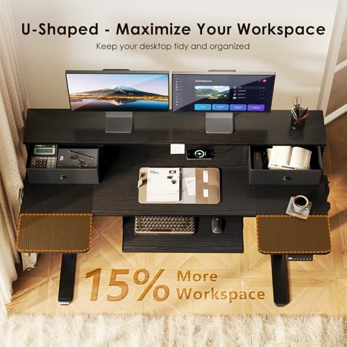 Image of OffiGo U Shaped Electric Standing Desk with Drawers, 55 Inch Height Adjustable Desk with Keyboard Tray & Ergonomic Monitor Stand, Sit Stand Table with Power Outlets for Home, Office, Black