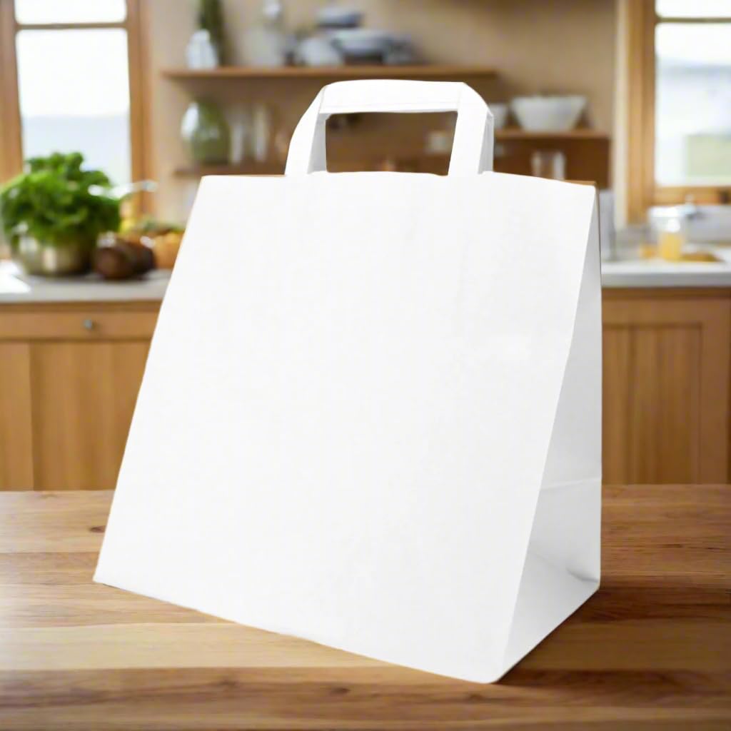 Hot Bargains White Paper Carrier Bags With Flat Handles, 50 Pack Extra Large 32 X 21 X 33 Cm, Recyclable Shopping Bags