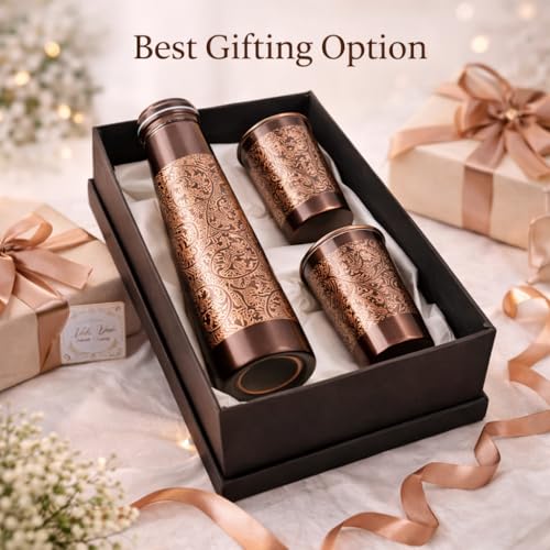 Image of JAIPUR ACE Hammered Pure Copper Water Bottle with Glass Set | 100% Copper Bottle Set | Leak Proof, Ayurvedic Health Benefits, Premium Design Gift Set for Home, Office, Gifting (3d Engraving)