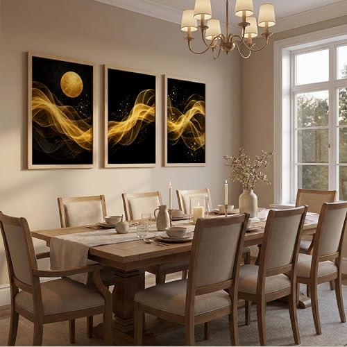 Image of TheMakerly Set of 3 Black Gold Abstract Moon Wall Art Paintings for Living Room | Luxury Modern Wall Decor | Golden Wave Wall Paintings for Bedroom, Hall, Office & Home Decoration (10x13 Inches)