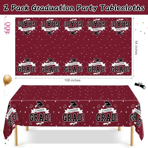 Image of 2Pcs Graduation Decorations 2026, 108 inch X 54 inch Maroon Graduation Tablecloths, Rectangle Table Covers for Class of 2026 Congrats Grad, Disposable Plastic Tablecover for Grad Decor Party Supplies for Kids